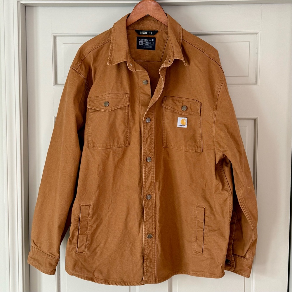 Carhartt Rugged Flex Canvas Shirt Jacket Brown XL Loose Fit Snap Front Workwear